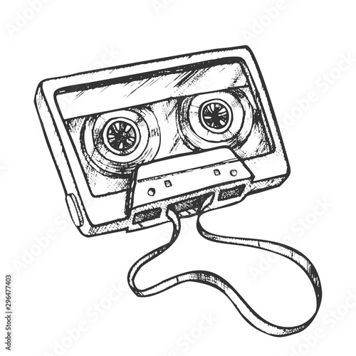 Cassette Tape For Listening Music Retro Vector. Old Audio Cassette With Audiotape For Player Record Device Engraving Concept Template Hand Drawn In Vintage Style Black And White Illustration