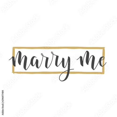 Vector illustration. Handwritten lettering of Marry Me. Template for Greeting Card or Invitation. Objects Isolated on White Background.