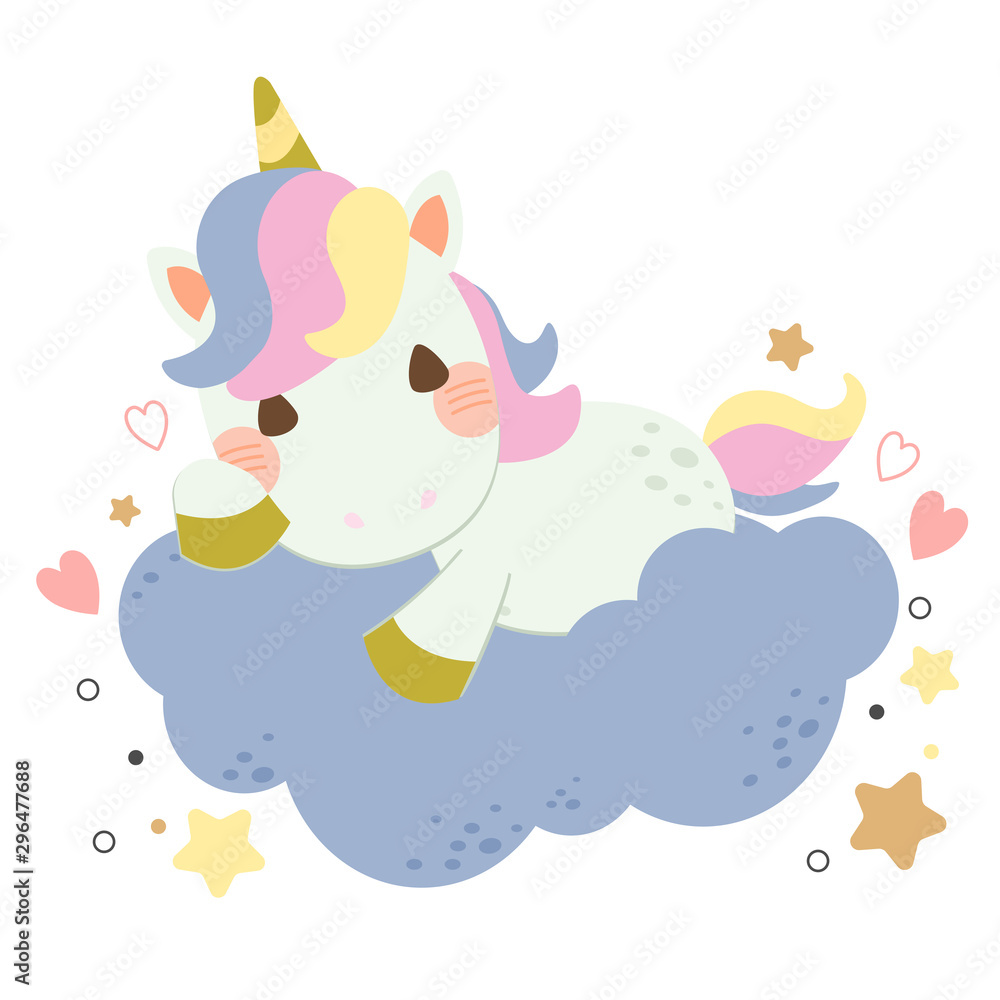 The cute unicorn sitting on the blue cloud with element of star and ...