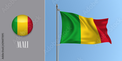 Mali waving flag on flagpole and round icon vector illustration