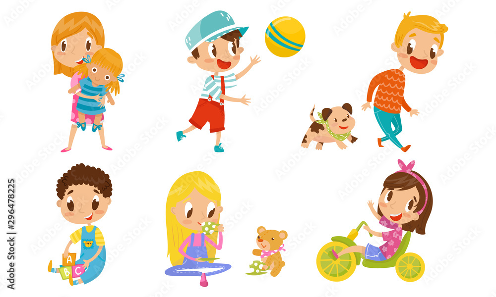 Children Playing And Having Fun With Toys Vector Illustration Set Children Playing And Having Fun With Toys Vector Illustration Set