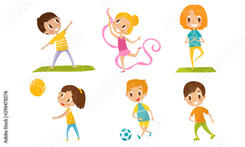 Children With Different Kind Of Physical Activities Concept Vector Illustration Set