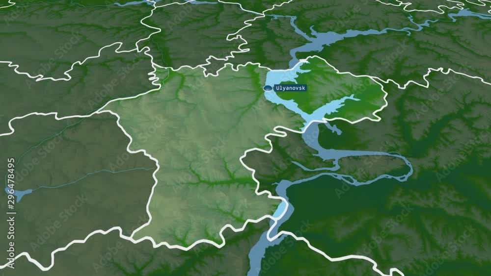 Ul'yanovsk - region of Russia (territory after annexation of Crimea in 2014) with its capital zoomed on the physical map of the globe. Animation 3D Ul'yanovsk - region of Russia (territory after annexation of Crimea in 2014) with its capital zoomed on the physical map of the globe. Animation 3D