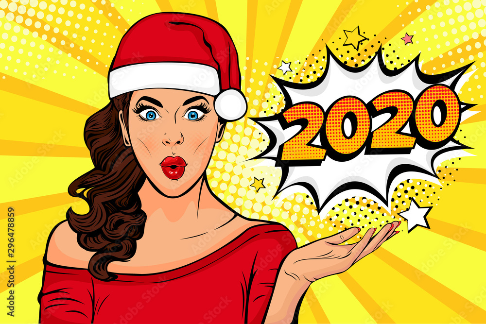 Fototapeta 2020 New Year comic book style postcard or greeting card with WOW sexy young girl. Illustration in pop art retro comic style.