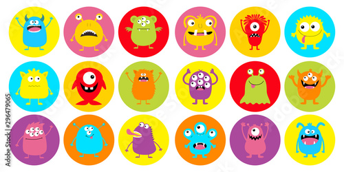 Monster head super big round icon set. Happy Halloween. Boo Spooky Screaming smiling sad face emotion. Three eyes, tongue, teeth fang, mouse. Flat design style. White background.