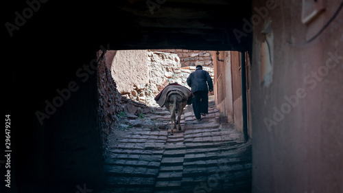 Unidentified man with a donkey is walking down a narrow road in Abyahen, Iran