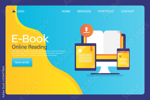 Ebook, internet library, e-learning resources, digital archive, education, online reading concept. Flat design web banner, landing page template.
