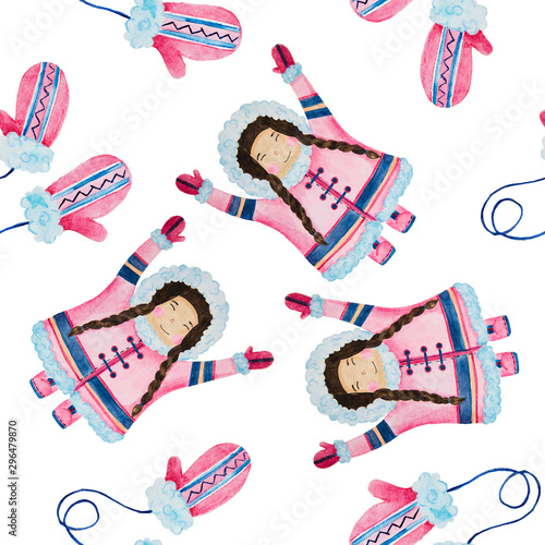 seamless pattern cute eskimos in ethnic clothing set blue  pink watercolor