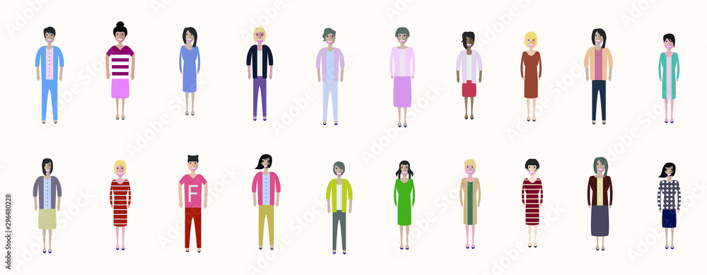 Set of full body diverse business people. Fashion woman, female, girls stay on white background. Vector illustration flat style. Work and Team concept Set of full body diverse business people. Fashion woman, female, girls stay on white background. Vector illustration flat style. Work and Team concept