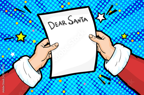 Christmas Greeting Card. Santa Claus is holding in his hands reading a letter christmas wish list