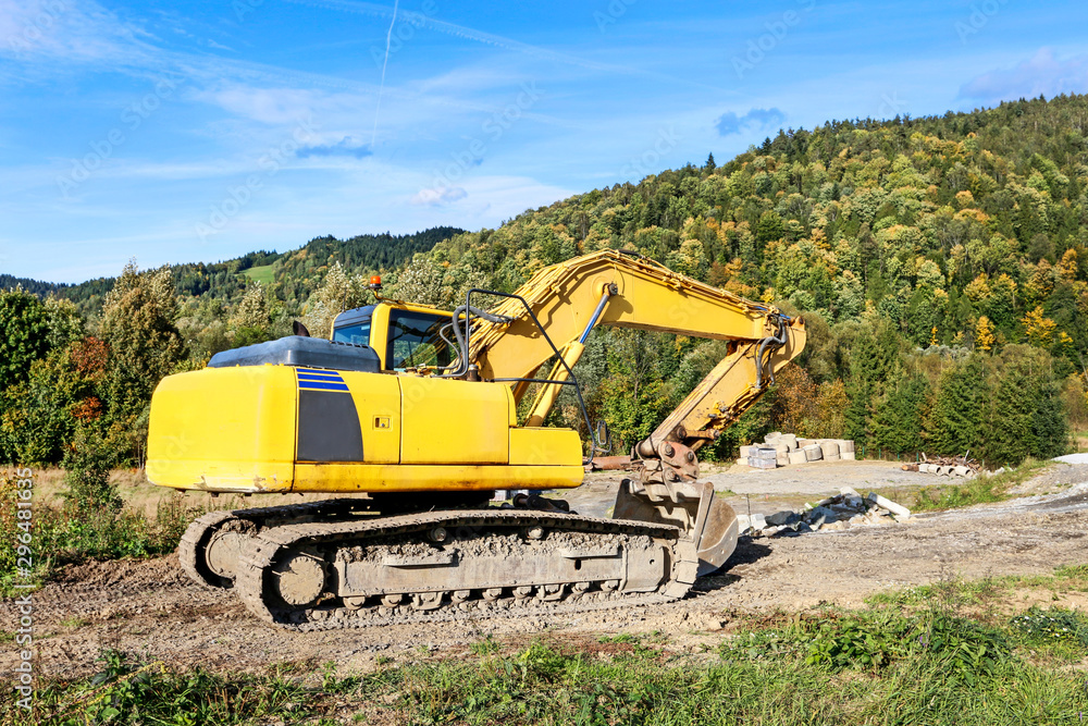 ZAWOJA, POLAND - SEPTEMBER 29, 2019: The excavator stands on the construction site