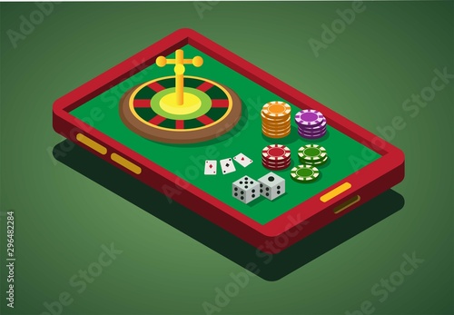 Casino game online smartphone, roullette, betting, domino, poker, chips, dice isometric illustration vector