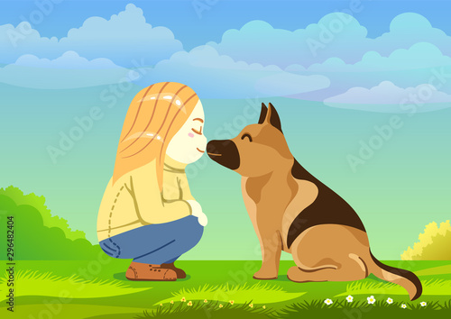Cute blonde girl kissing her dog german shepherd, happy cartoon vector