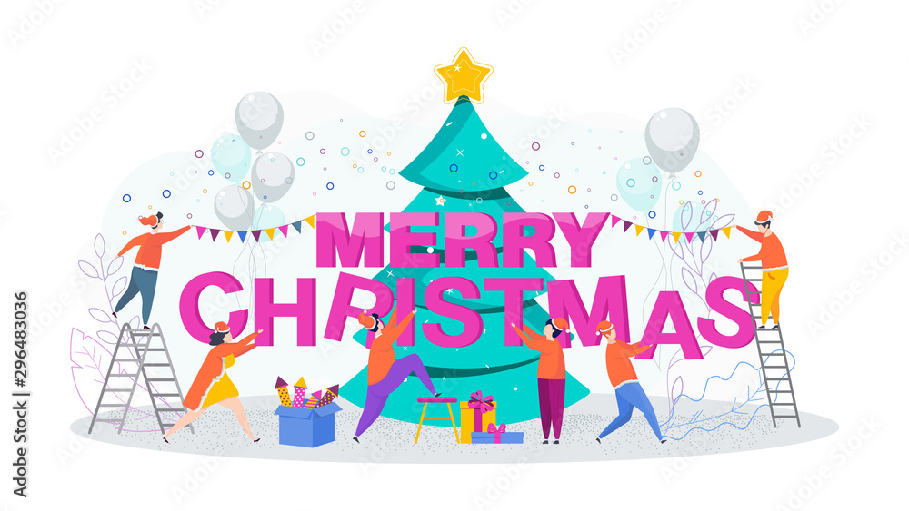 Naklejka premium Tiny people decorate the tree. Greeting card for Merry Christmas