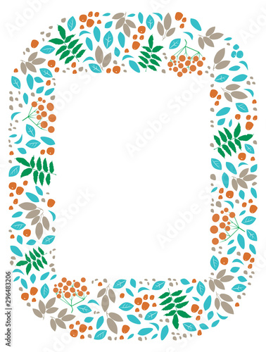 A doodle photo frame with leaves and rowan berries on a white background