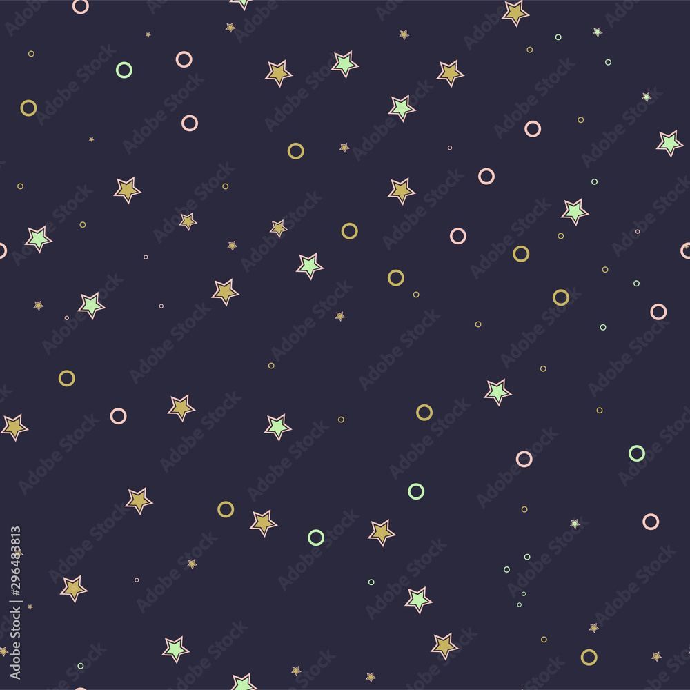 Seamless vector pattern with colored stars on a dark background.