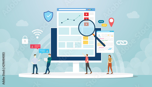 organic seo concept with team people work on analytics analysis development with modern flat style - vector