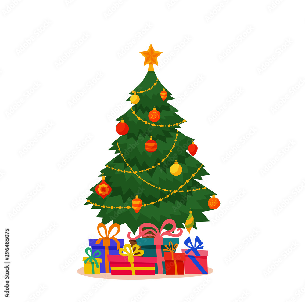 Naklejka premium Christmas tree decorated vector illustration.