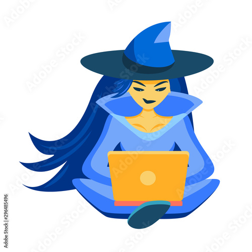 The sorceress sits in the lotus position and looks at the laptop. The witch makes an online search and buys the goods. The enchantress orders a purchase. Vector modern illustration. Concept halloween