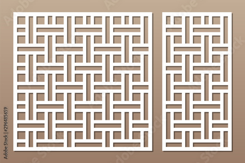 Set decorative card for cutting. Line, weaving, Celtic pattern. Laser cut. Ratio 1:1, 1:2. Vector illustration.