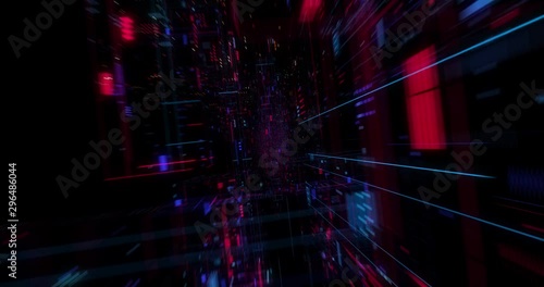 Abstract hologram 3D Big Data Digital City with futuristic matrix. Digital buildings with a binary code particles network. Technological and connection motion background. Seamless loop 3D render