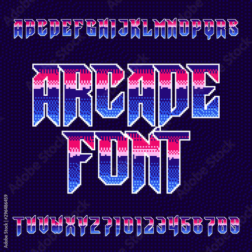 Arcade alphabet font. Pixel letters and numbers in heavy metal style. 80s retro video game typeface.