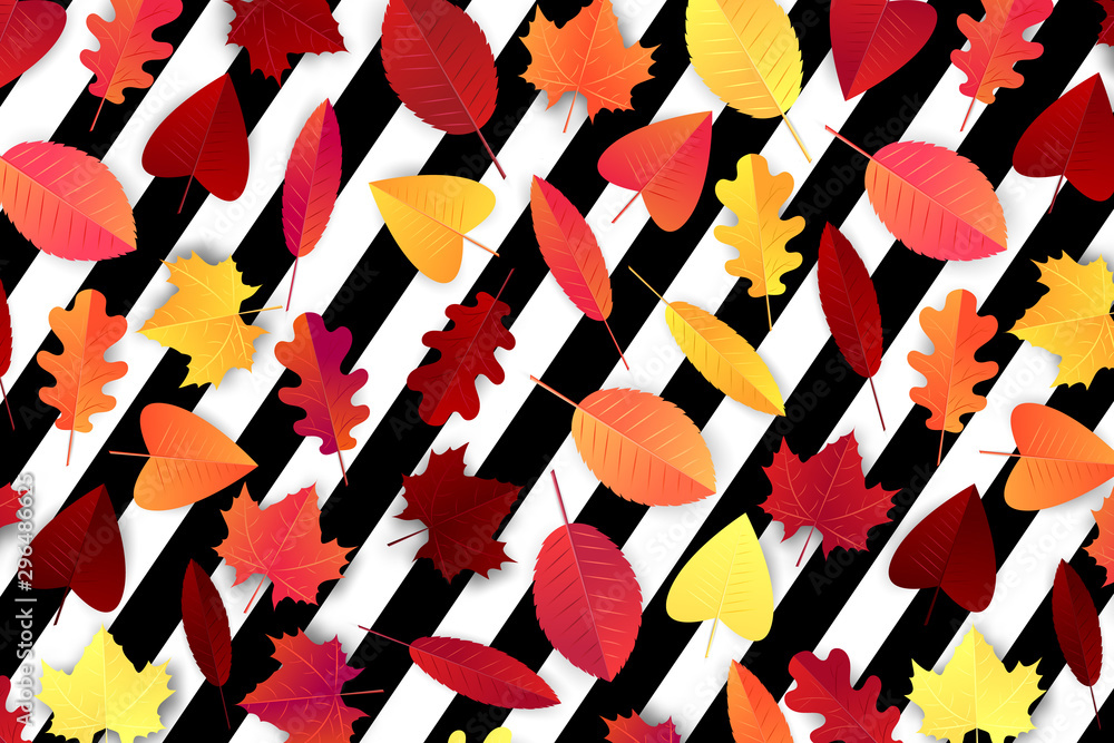 Naklejka premium Autumn background vector illustration. Orange and red leaves over black and white striped backdrop.