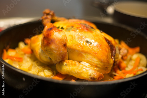 Roasted chicken with vegetable close up
