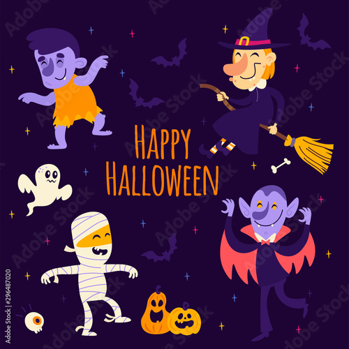 Cartoon vector halloween stickers: mummy, witch, vampire, ghost, pumpkin, bat, zombie