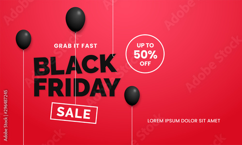 Black friday sale poster background social media promotion template web banner design with black balloon ornament on red backdrop wall vector illustration