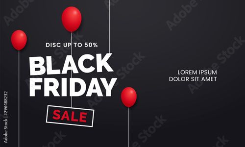 Black friday sale poster background social media promotion template web banner design with red balloon ornament on dark black backdrop wall vector illustration