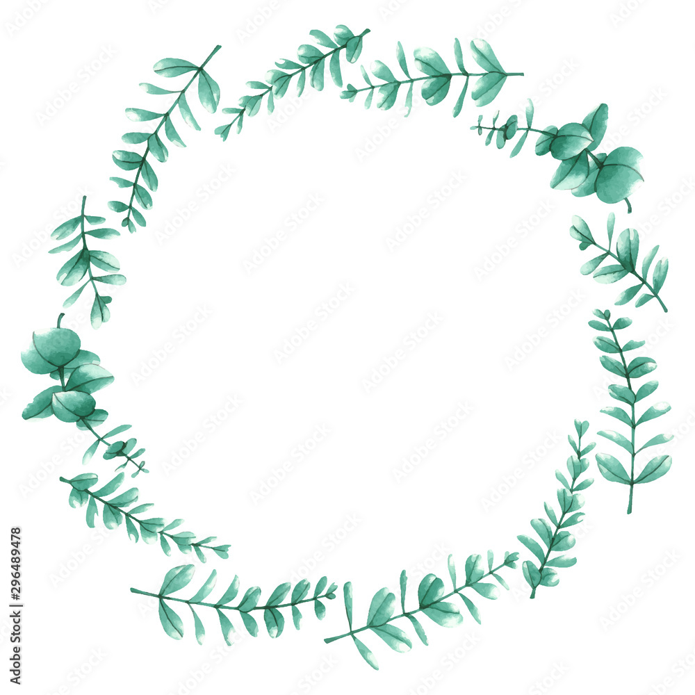 Watercolor vector wreath with eucalyptus leaves