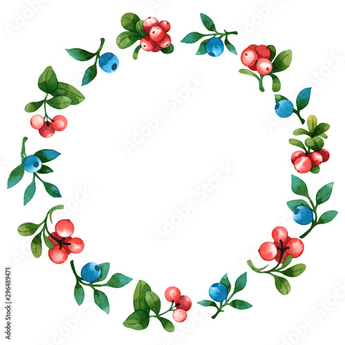 Watercolor vector wreath with leaves and berries