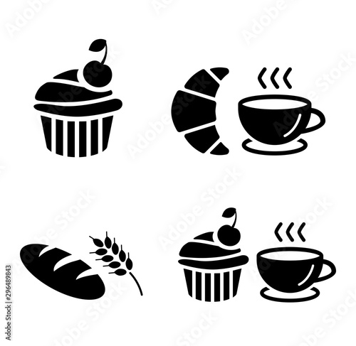 Set of icons: cupcake, bread, muffin, coffee cup, croissant, long loaf. Vector illustrations of pastry, sweets and drinks isolated on the white background. Coffee break, breakfast menu.