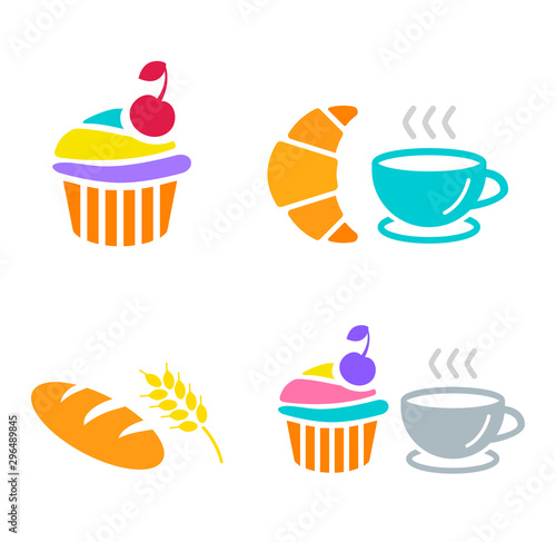 Set of icons: cupcake, bread, muffin, coffee cup, croissant, long loaf. Colorful vector illustrations of pastry, sweets and drinks isolated on the white background. Coffee break, breakfast menu.