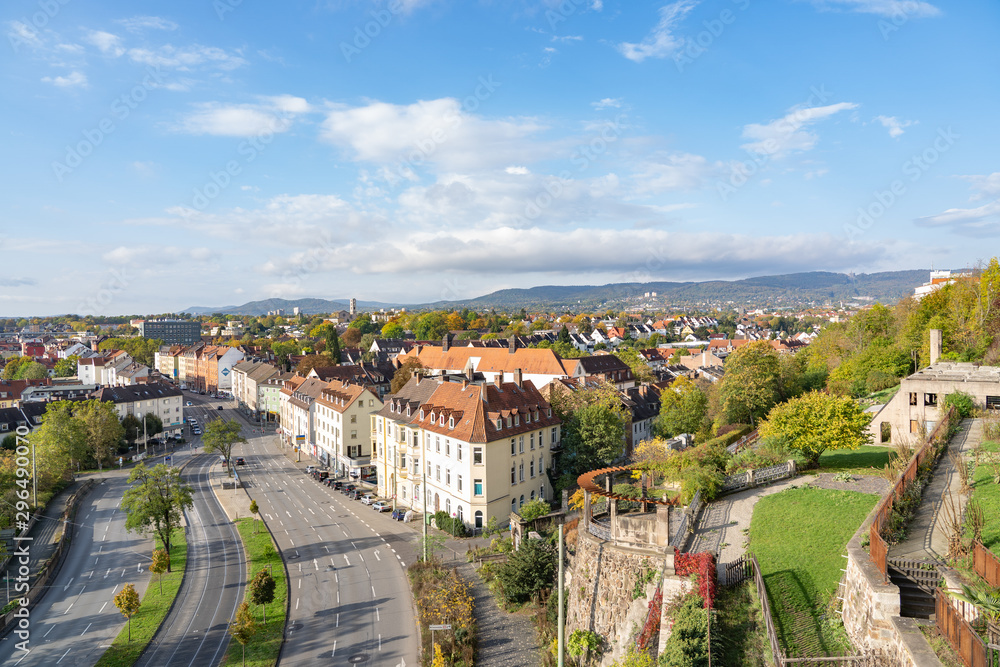 Naklejka premium Beautiful terraced garden in autumn colors in Kassel, called vineyard, with view over the city, Kassel, Germany, October 13, 2019
