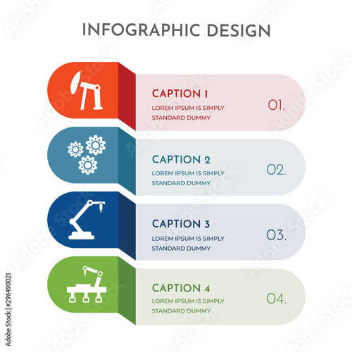 4 colorful filled icons set such as robotic arm, robotic arm, cogwheel, oilfield