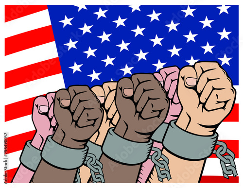 Power of Liberty, concept with USA flag background. art. broken chains. Anti Slavery campaign. Freedom day.