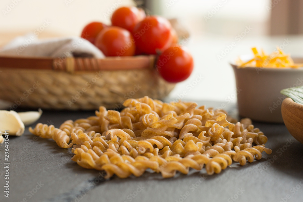 Whole wheat fusilli pasta close up
