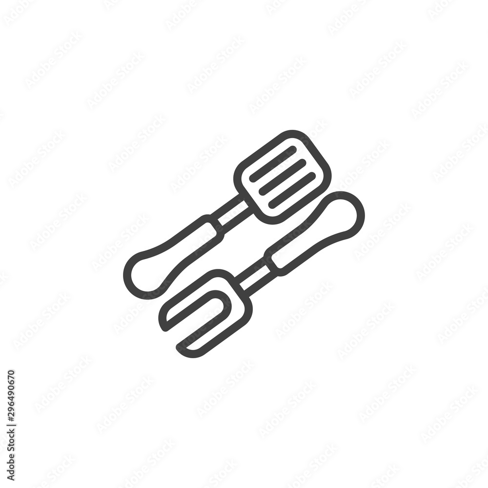 BBQ fork and spatula line icon. linear style sign for mobile concept and web design. Barbeque grill tools outline vector icon. Symbol, logo illustration. Vector graphics BBQ fork and spatula line icon. linear style sign for mobile concept and web design. Barbeque grill tools outline vector icon. Symbol, logo illustration. Vector graphics
