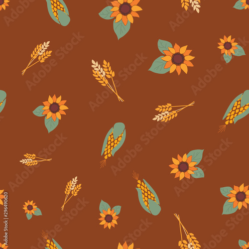 Corn  crop and sunflowers on brown background seamless repeating vector pattern. Autumn  fall  harvesting. For Thanksgiving  wrapping paper  fabric  autumn decor  cards  digital paper  scrapbooking