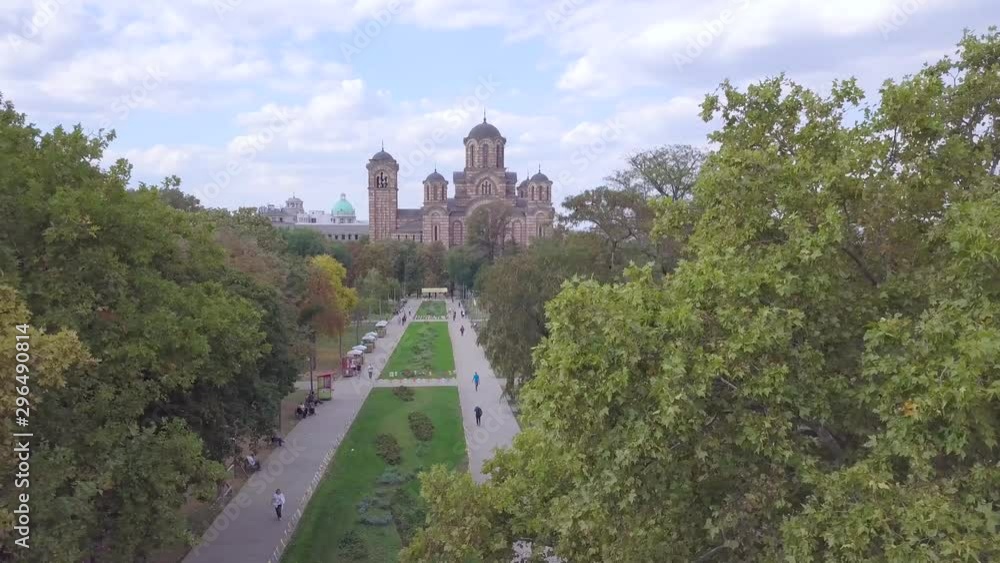 Incredible opening aerial shot of Tasmajdan Park and St Marko church, summer day Belgrade Incredible opening aerial shot of Tasmajdan Park and St Marko church, summer day Belgrade