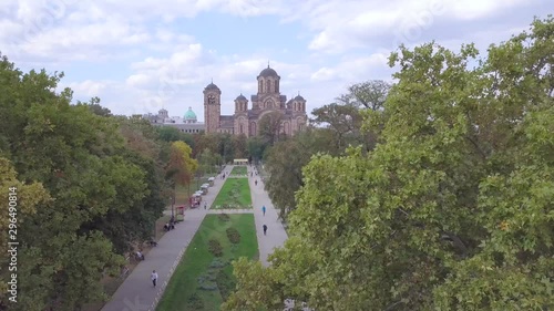 Incredible opening aerial shot of Tasmajdan Park and St Marko church, summer day Belgrade photo