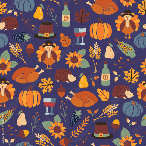 Thanksgiving dinner seamless vector pattern with pumpkins, hats, sunflowers, turkey, hedgehog, wine bottle, and leaves. Autumn repeating background for holiday party invitation card, fabric, packaging