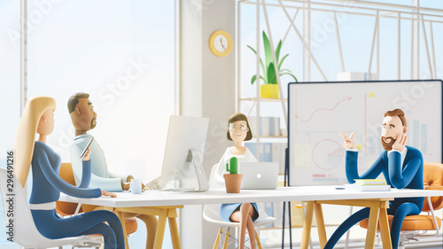 Fototapeta Naklejka Na Ścianę i Meble -  Seminar business conference with workers in office, planning new strategy. 3d illustration.  Cartoon characters. Business teamwork concept. 