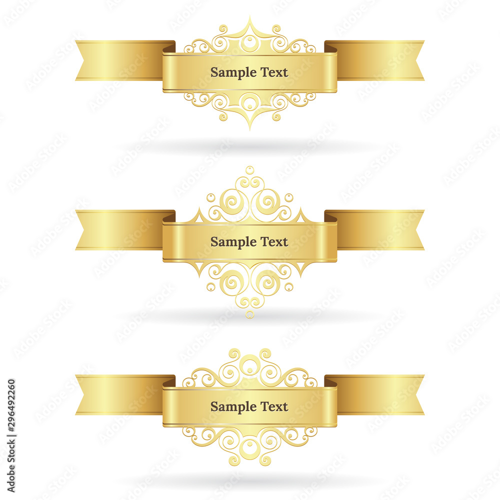 Set of gold ribbons isolated on white background. Horizontal Banners with place for text. Set of gold ribbons isolated on white background. Horizontal Banners with place for text.