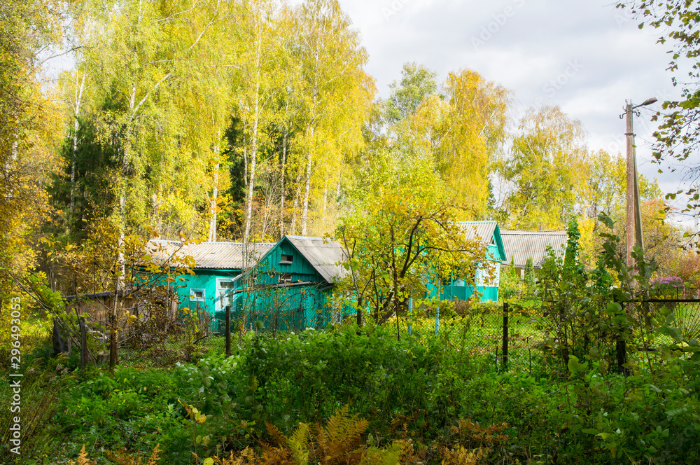 Old village house in autumn with trees in the forest. Old village house in autumn with trees in the forest.