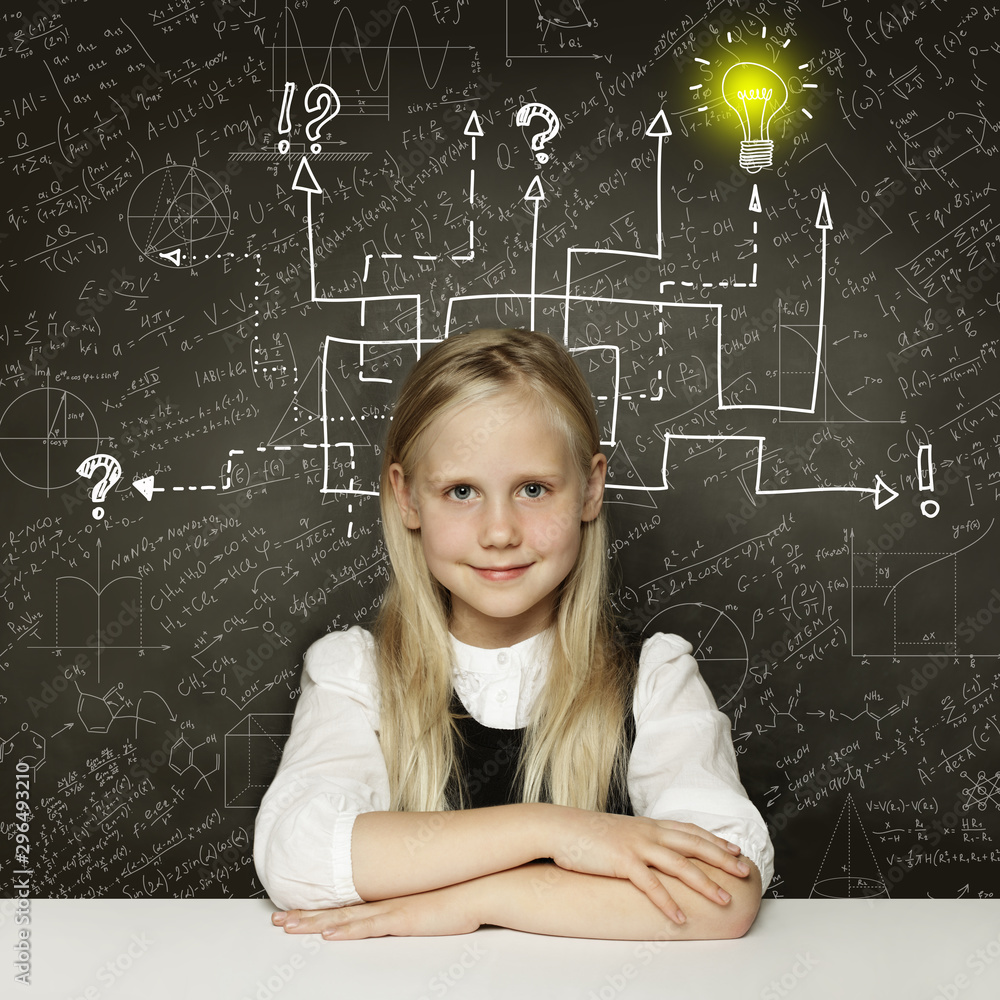 Thinking child girl with question signs and light idea bulb, education concept Thinking child girl with question signs and light idea bulb, education concept