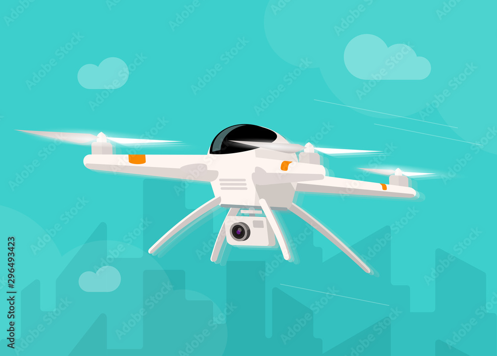 Vecteur Stock Drone flying in the sky vector illustration, flat cartoon  quadcopter fly in the city modern clipart | Adobe Stock