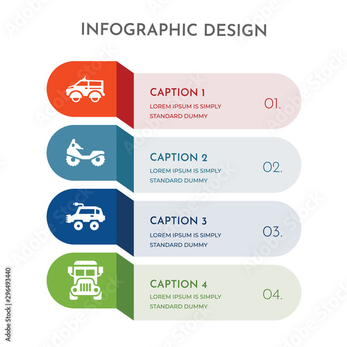 4 colorful filled icons set such as school bus, all terrain vehicle, all terrain vehicle, people carrier